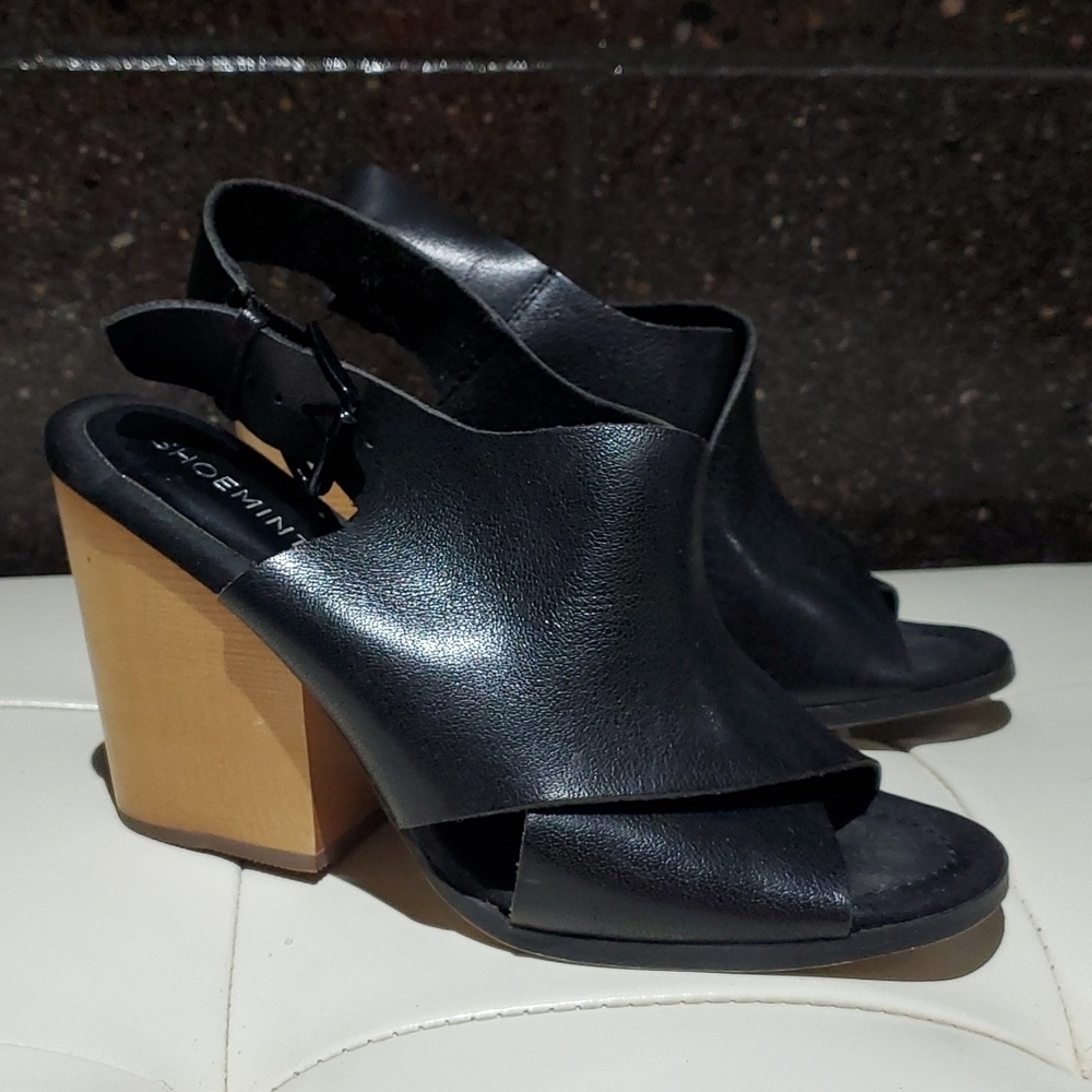 SHOEMINT BLACK LEATHER INGLESIDE CHUNKY HEEL SHOES SIZE 7.5